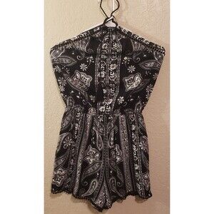 Paisley Tie Neck Halter Short Romper Size Medium Black White